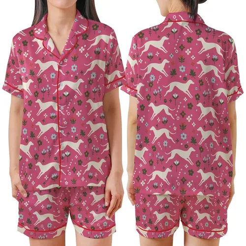 Greyhound Lovers' Fuchsia Pink Abstract Greyhound Folk Art Floral Geometric Repeat Satin Short-Sleeve Pajamas Set