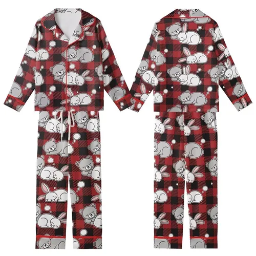 Women's Digital Pajama Sewing Pattern: Buffalo Plaid Bunny Bear Loungewear & Sleepwear Kid Satin Pajamas Set