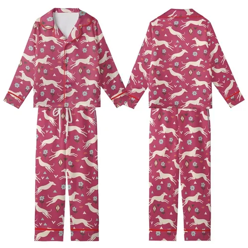 Greyhound Lovers' Fuchsia Pink Abstract Greyhound Folk Art Floral Geometric Repeat Kid Satin Pajamas Set