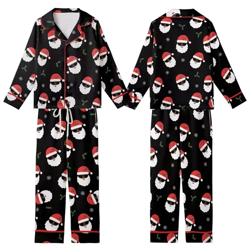 Festive Holiday: Black Santa Sunglass Heads & Holly Pattern - Vector All-Over Print Kid Satin Pajamas Set