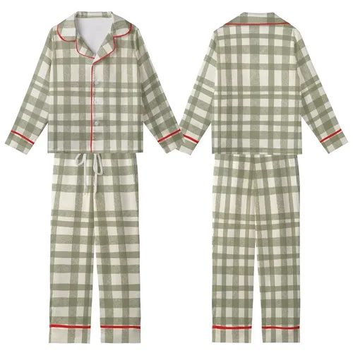 Women's Rustic Khaki Green Plaid Linen Comfort Ensemble Kid Satin Pajamas Set