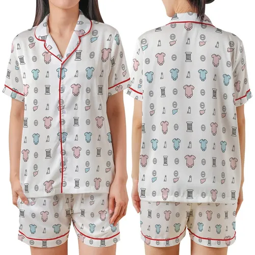 New Parents' Minimalist Romper & Sewing Motif Pattern Print Satin Short-Sleeve Pajamas Set