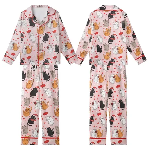 Cat Mom Women's Valentine Illustrative Cuddling Cats & Red Hearts Polyester Spandex Pajamas Set Kid Satin Pajamas Set