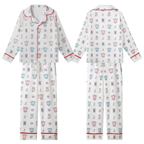 New Parents' Minimalist Romper & Sewing Motif Pattern Print Satin Short-Sleeve Pajamas Set