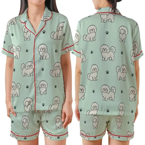 Dog Lovers' Minimalist Flat Art Fluffy Long-Haired Dog Seamless Pattern Mint Green Charcoal Off-White Satin Short-Sleeve Pajamas Set
