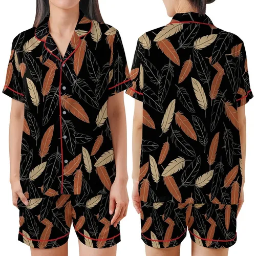 Women's Black Real Ostrich Feather Trim Full Length Polyester Blend Pajama Set Satin Short-Sleeve Pajamas Set