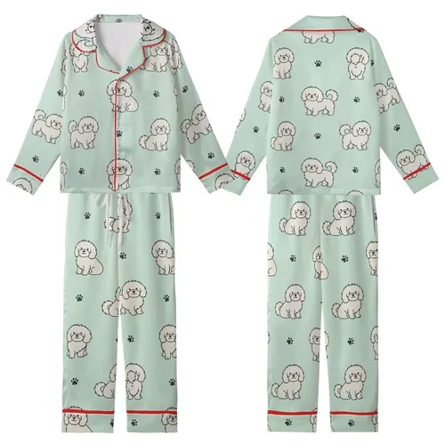 Dog Lovers' Minimalist Flat Art Fluffy Long-Haired Dog Seamless Pattern Mint Green Charcoal Off-White Kid Satin Pajamas Set