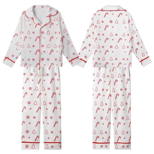 Holiday Enthusiasts' Bright Red White Flat Graphic Christmas Candy Cane Snowflake Tree Seamless Pattern Kid Satin Pajamas Set