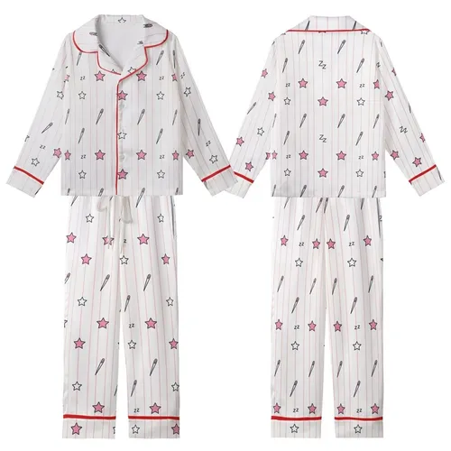 DIY Pajamas Set Pattern PDF: Pale Pink Stripes, Sewing Needles, Stars & Zzz Motifs Kid Satin Pajamas Set