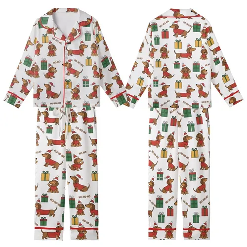 Dachshund Lovers' Whimsical Christmas Dachshunds Red Santa Hat Sweater Green Yellow Gifts HO-HO-HO Pattern Kid Satin Pajamas Set