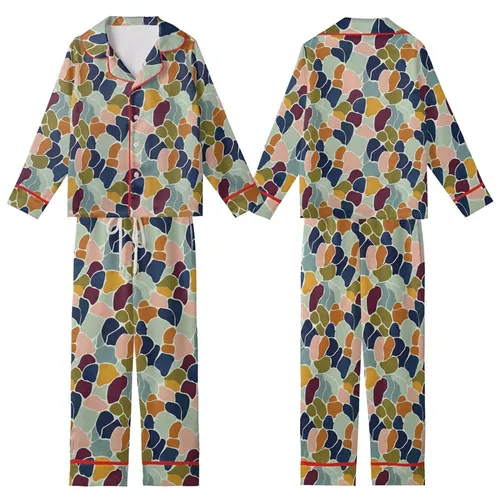 Earthy Aesthetic Enthusiasts' Organic Abstract Layered Shapes Muted Sage Green Pale Blue-Grey Design Kid Satin Pajamas Set