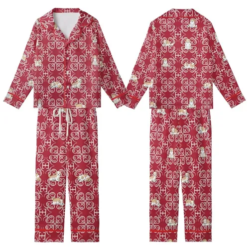 Dog Lovers' Elegant Crimson Red White HH Monogram Scrollwork Tan Dog Seamless Pattern Kid Satin Pajamas Set
