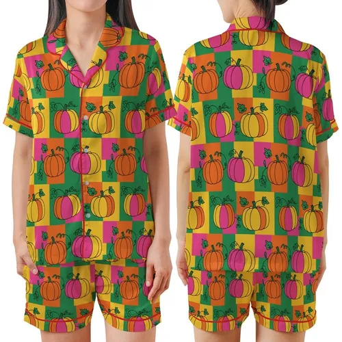 Autumn Lovers' Bold Flat Illustrative Pumpkins Neon Pink Yellow Green Geometric Blocks Satin Short-Sleeve Pajamas Set
