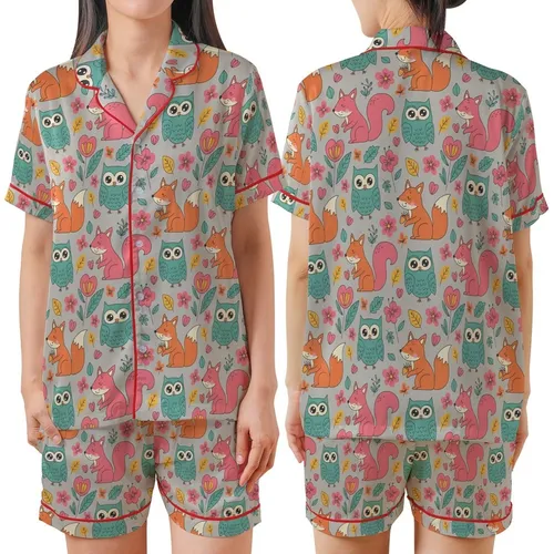 Whimsical Style Lovers' Hand-Drawn Orange Fox Teal Owl Pink Squirrel Floral Taupe-Grey Satin Short-Sleeve Pajamas Set