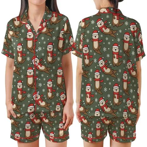 Festive Animal Lovers' Playful Brown Otters Red Santa Hats Scarves Dark Olive Green Snowflake Seamless Pattern Satin Short-Sleeve Pajamas Set