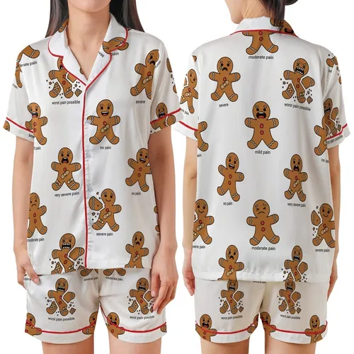 Festive Gingerbread Friends Pattern: Six Expressive Cookie Characters Holiday Sleep Set Satin Short-Sleeve Pajamas Set