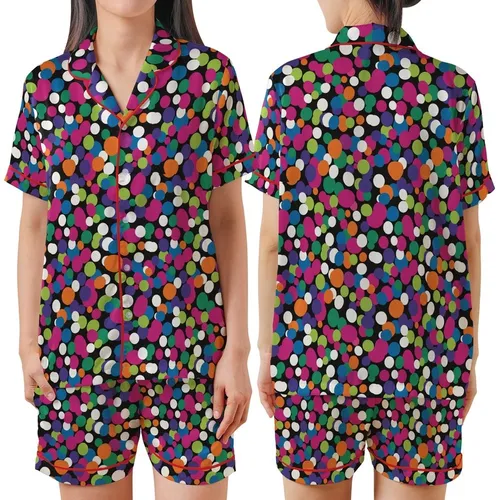Abstract Style Lovers' Vibrant Multi-Color Organic Shape Scatter Design Solid Black Background Satin Short-Sleeve Pajamas Set