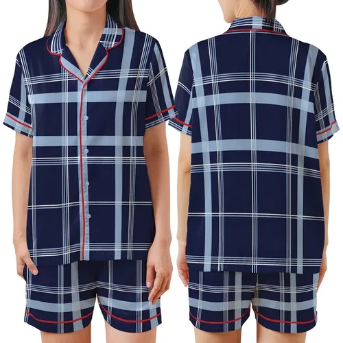 Classic Style Enthusiasts' Intricate Deep Navy Blue Tartan Plaid Pattern with Layered Sky Blue and Crisp White Grid Satin Short-Sleeve Pajamas Set