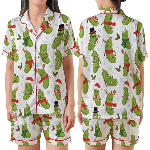 Retro Christmas Pickle Pajamas Set: Whimsical Cartoon Pickles with Santa Hats, Antlers & String Lights Satin Short-Sleeve Pajamas Set