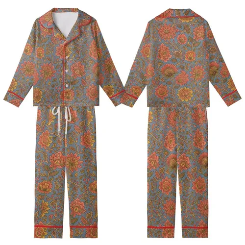 Women's Muted Slate Blue Cotton Pajama Set: Hand-Drawn Floral Block Print Loungewear Kid Satin Pajamas Set