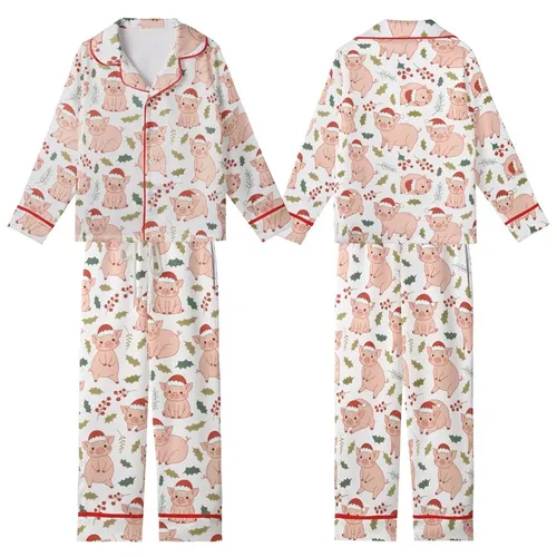 Festive Art Lovers' Whimsical Pink Piggy Santa Hat Green Holly Red Berry Pattern Kid Satin Pajamas Set