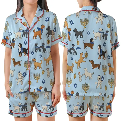 Dog Lovers' Cartoon Hanukkah Celebration Light Blue Pattern with Golden Menorahs & Playful Pups Satin Short-Sleeve Pajamas Set
