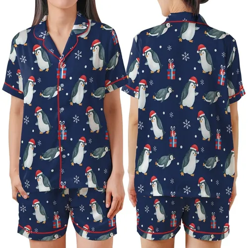 Christmas Pajamas: Whimsical Watercolor Penguin & Gift Print - Soft Polyester Sleepwear Satin Short-Sleeve Pajamas Set