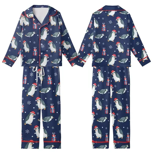 Christmas Pajamas: Whimsical Watercolor Penguin & Gift Print - Soft Polyester Sleepwear Kid Satin Pajamas Set