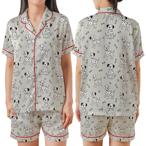 Ridgeback & Large Dog Zippered Sleepsuit: Playful Dalmatian & Paw Print Motif - Grey/Beige Cotton Blend Satin Short-Sleeve Pajamas Set