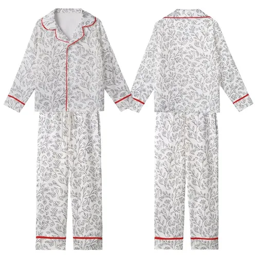 Women's Pure White Black Line Art Delicate Abstract Botanical Repeating Pattern Kid Satin Pajamas Set