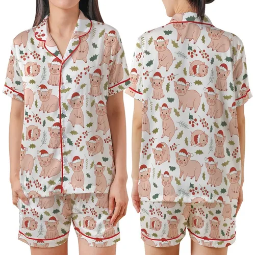 Festive Art Lovers' Whimsical Pink Piggy Santa Hat Green Holly Red Berry Pattern Satin Short-Sleeve Pajamas Set