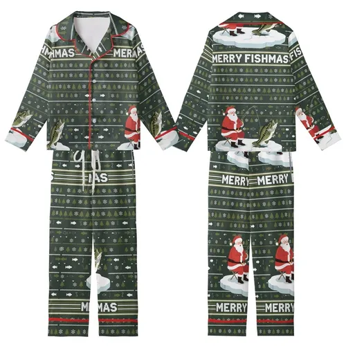 Bass Fisherman Family: Santa Ice Fishing Largemouth Bass 'Merry Fishmas' Poly-Spandex Sleep Set Kid Satin Pajamas Set