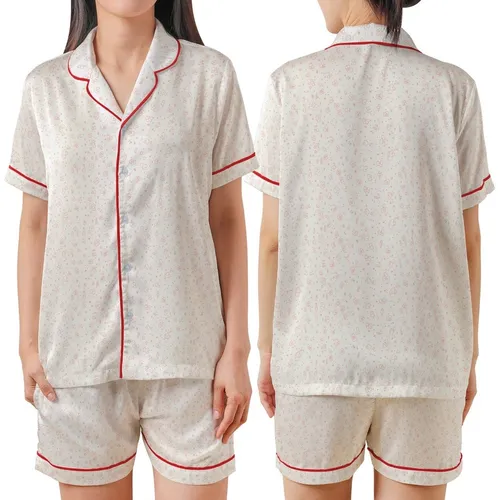 Women's Whimsical Pink-Coral Floral Cotton Muslin Pyjama Set with Pockets Satin Short-Sleeve Pajamas Set