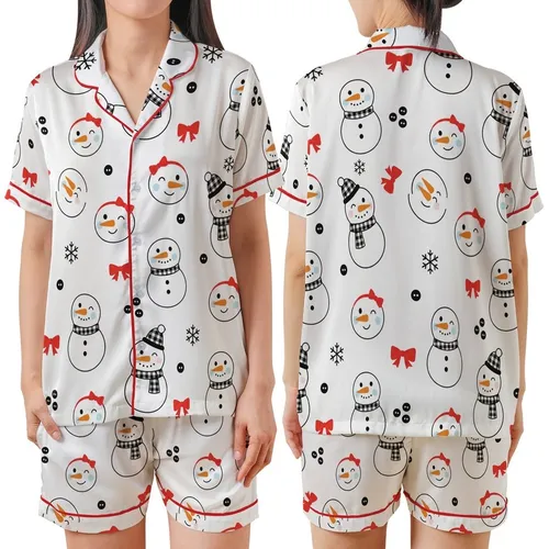 Festive Enthusiasts' Cute Cartoon Snowman Pattern with Bright Red Bows & Buffalo Check Scarves Satin Short-Sleeve Pajamas Set