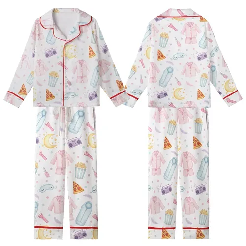 Girls' Watercolor Slumber Party Pajamas: Pink Pizza, Sleep Mask & Movie Night Print Kid Satin Pajamas Set