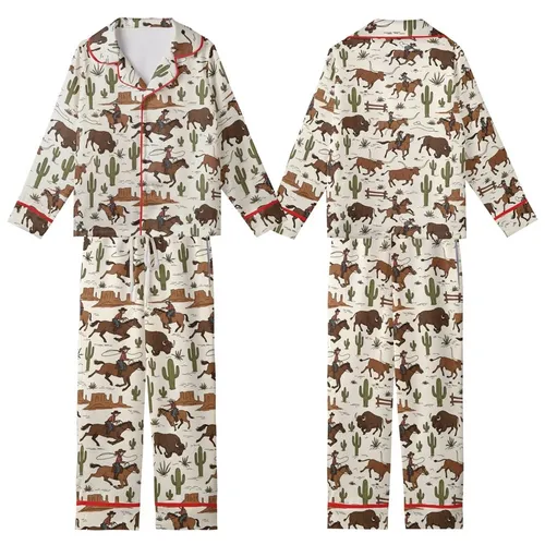 Women's Retro Cowgirl Pajamas: Hand-Drawn Bronc Rider & Saguaro Western Cotton PJs Kid Satin Pajamas Set