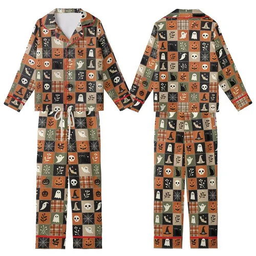 Women's Halloween Patchwork Sleep Set: Quilted Ghost Bat Pumpkin Skull Folk Art Design Kid Satin Pajamas Set