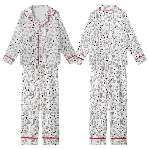 Women's Dog & Wine Lover: Playful Paw Print & Wine Glass Pattern Cozy Loungewear Kid Satin Pajamas Set