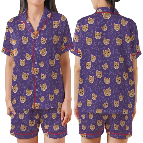 Cat Lovers' Whimsical Lavender Purple Smiling Tabby Kitten Heads & Playful Line Art Cats Pattern Satin Short-Sleeve Pajamas Set