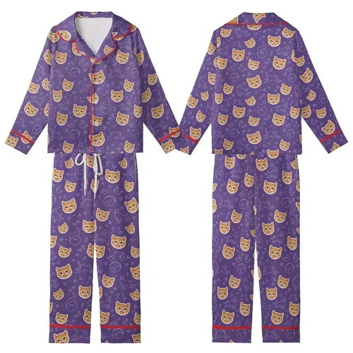 Cat Lovers' Whimsical Lavender Purple Smiling Tabby Kitten Heads & Playful Line Art Cats Pattern Kid Satin Pajamas Set
