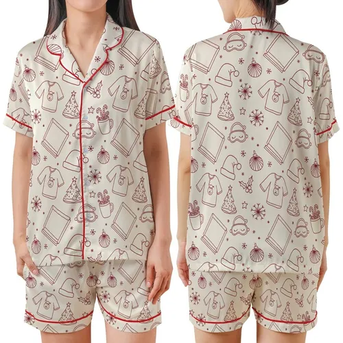 Cozy Christmas Lovers' Red Cream Hand-Drawn Whimsical Scattered Holiday Pizza & Snowman Pattern Satin Short-Sleeve Pajamas Set