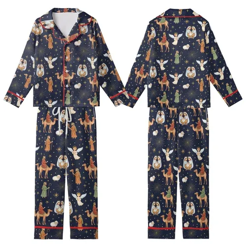 Whimsical Nativity Watercolor Pattern: Manger Scene Angels Wise Men Camels Fabric Print Kid Satin Pajamas Set