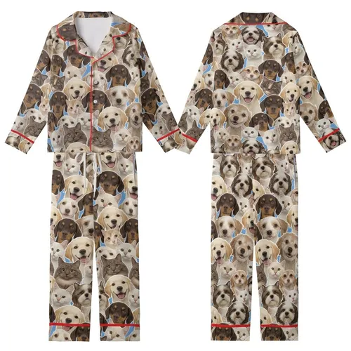 Pet Lover's Photorealistic Puppy Kitten Dog Cat Faces Collage Kid Satin Pajamas Set