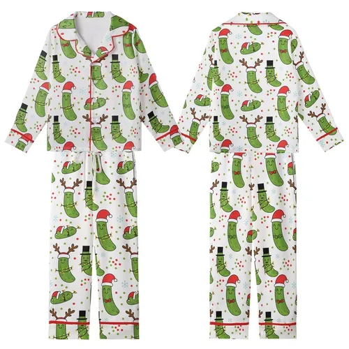 Family's Funny Pickle Christmas Pajamas: Cartoon Santa Hat, Reindeer Antler & Lights Pattern Kid Satin Pajamas Set