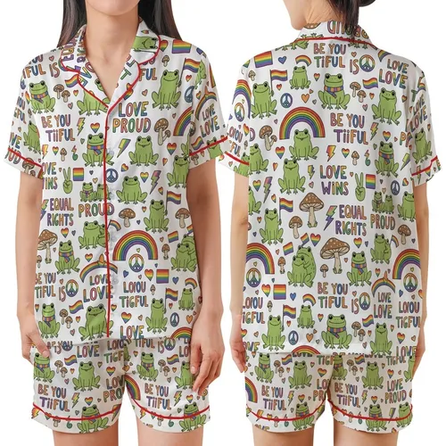 Uplifting Art Lovers' Whimsical Frogs & Rainbow Symbols Pattern, Affirmation Text in Vibrant Green, Full Spectrum Colors Satin Short-Sleeve Pajamas Set