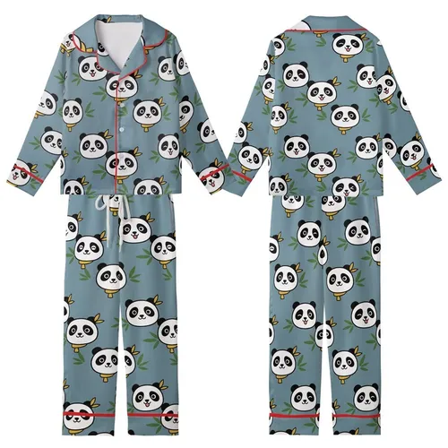 Playful Panda Loungewear: Cartoon Head & Bamboo Print - Cozy Pajamas Set Kid Satin Pajamas Set