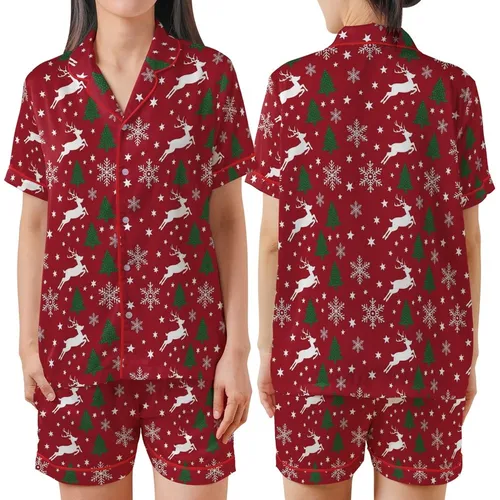 Women's Red Reindeer Snowflake Christmas Tree One-Piece Pajamas Satin Short-Sleeve Pajamas Set