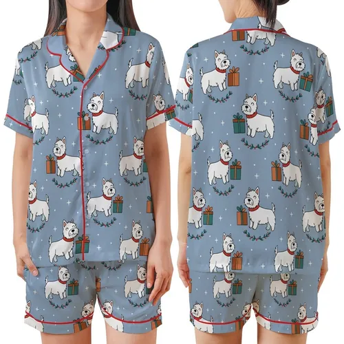 Dog Mom's Periwinkle Westie Christmas Sleepwear - Cute Holiday Dog & Gift Loungewear Set Satin Short-Sleeve Pajamas Set