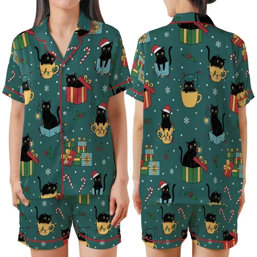Cat Lover's Teal Black Cat Christmas Pajama Set: Whimsical Santa Hat, Light & Gift Pattern Satin Short-Sleeve Pajamas Set