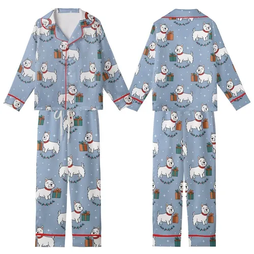Dog Mom's Periwinkle Westie Christmas Sleepwear - Cute Holiday Dog & Gift Loungewear Set Kid Satin Pajamas Set